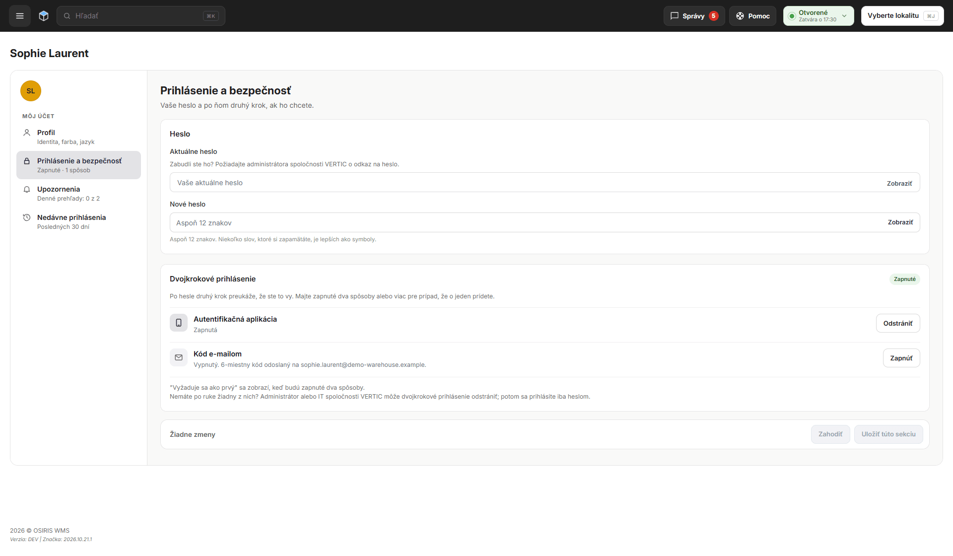 Môj účet, Prihlásenie a bezpečnosť, s heslom a dvojkrokovým prihlásením pomocou autentifikačnej aplikácie alebo kódu e-mailom