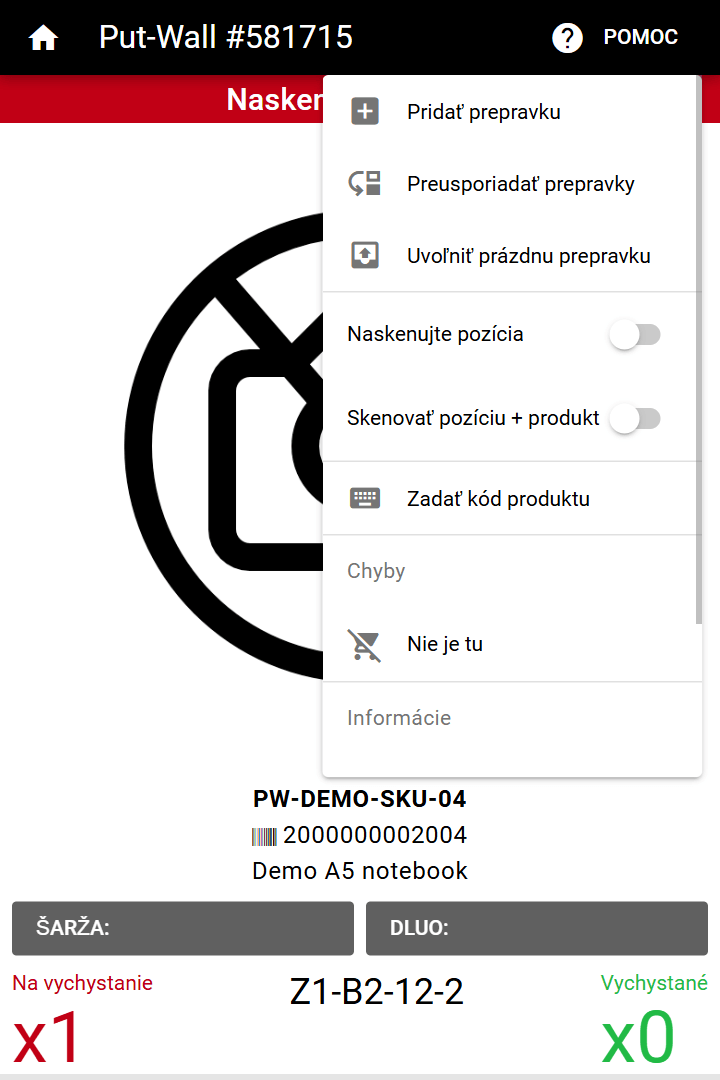 Ponuka POMOC na PDA počas vychystávania s možnosťami Pridať prepravku, Preusporiadať prepravky, Uvoľniť prázdnu prepravku, Zadať kód produktu a Nie je tu