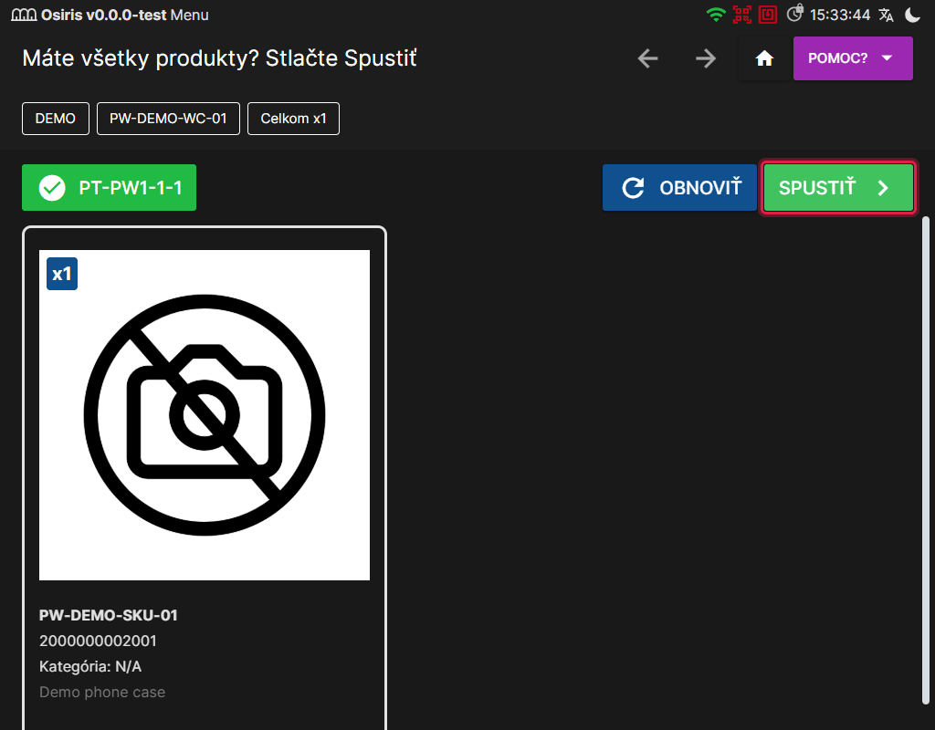 Baliaca pracovná stanica po naskenovaní priehradky s otázkou Máte všetky produkty? Stlačte Spustiť