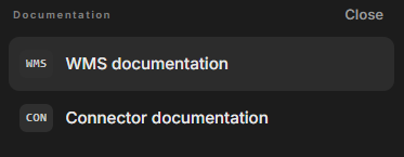 The Documentation panel opened from the Help menu, listing WMS documentation and Connector documentation