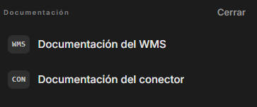 El panel Documentación abierto desde el menú Ayuda, con la Documentación del WMS y la Documentación del conector