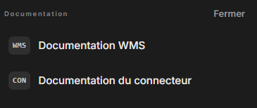 Le panneau Documentation ouvert depuis le menu Aide, listant la Documentation WMS et la Documentation du connecteur