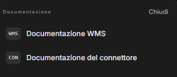 Il pannello Documentazione aperto dal menu Aiuto, con la Documentazione WMS e la Documentazione del connettore