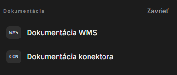Panel Dokumentácia otvorený z ponuky Pomoc so zoznamom Dokumentácia WMS a Dokumentácia konektora