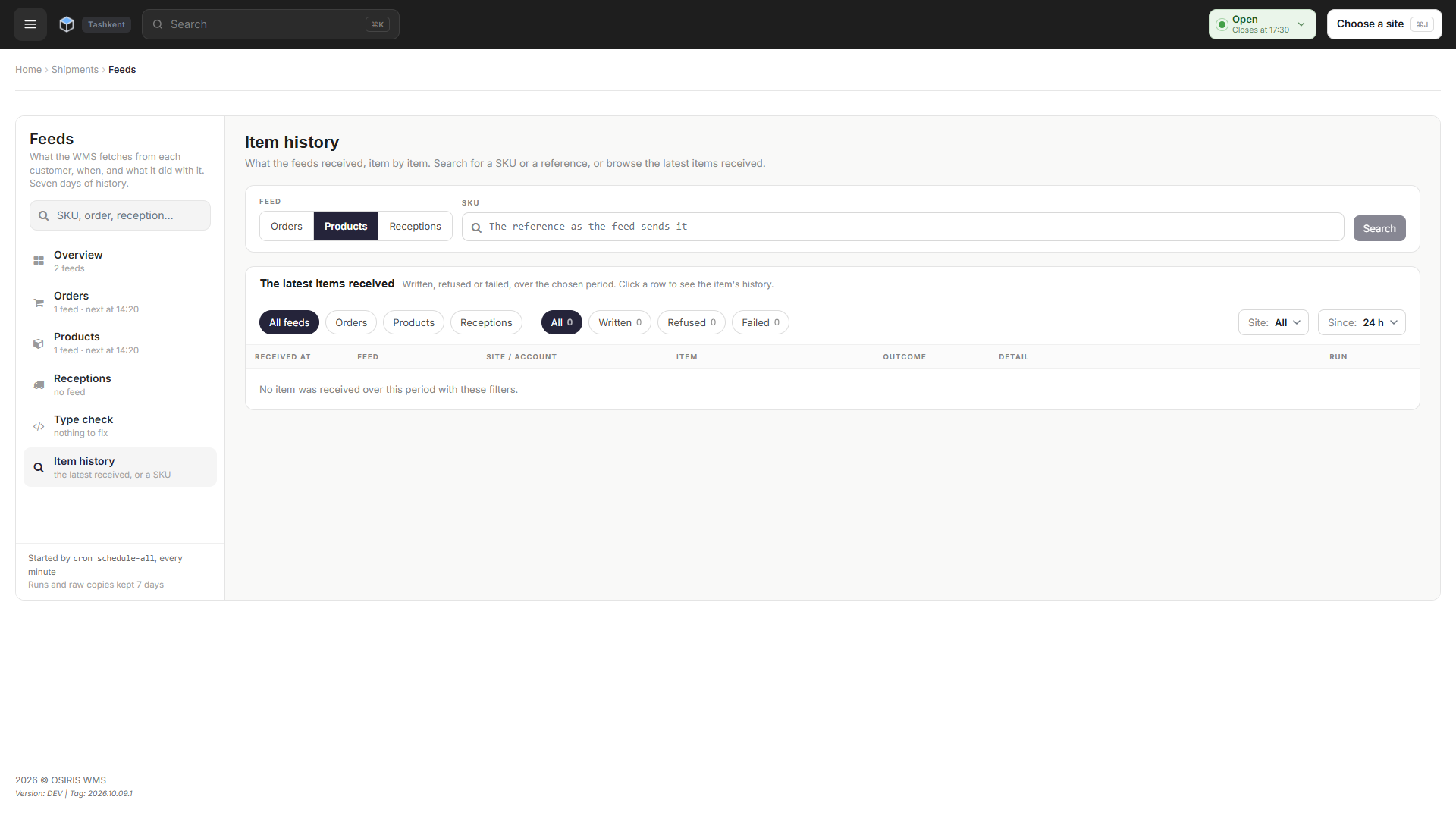 Item history showing The latest items received, with chips to filter by feed and by outcome, and Site and Since filters
