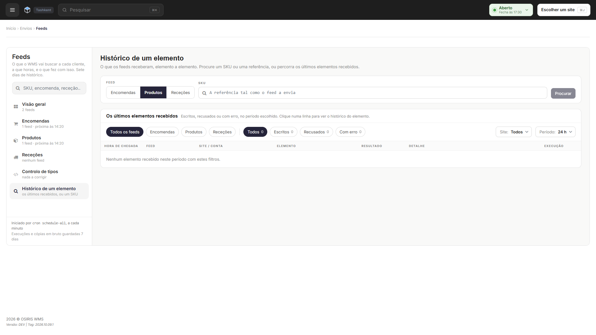 Histórico de um elemento a mostrar Os últimos elementos recebidos, com botões de filtro por feed e por resultado, e os filtros Site e Período