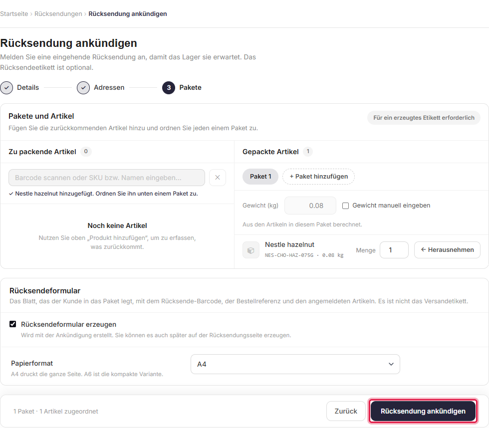Announcing a return, choosing to generate a return label or use an existing one