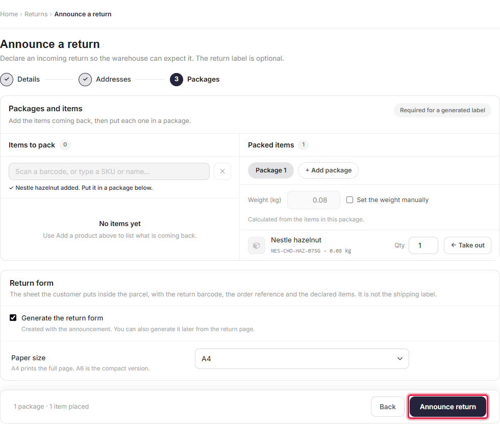 Announcing a return, choosing to generate a return label or use an existing one