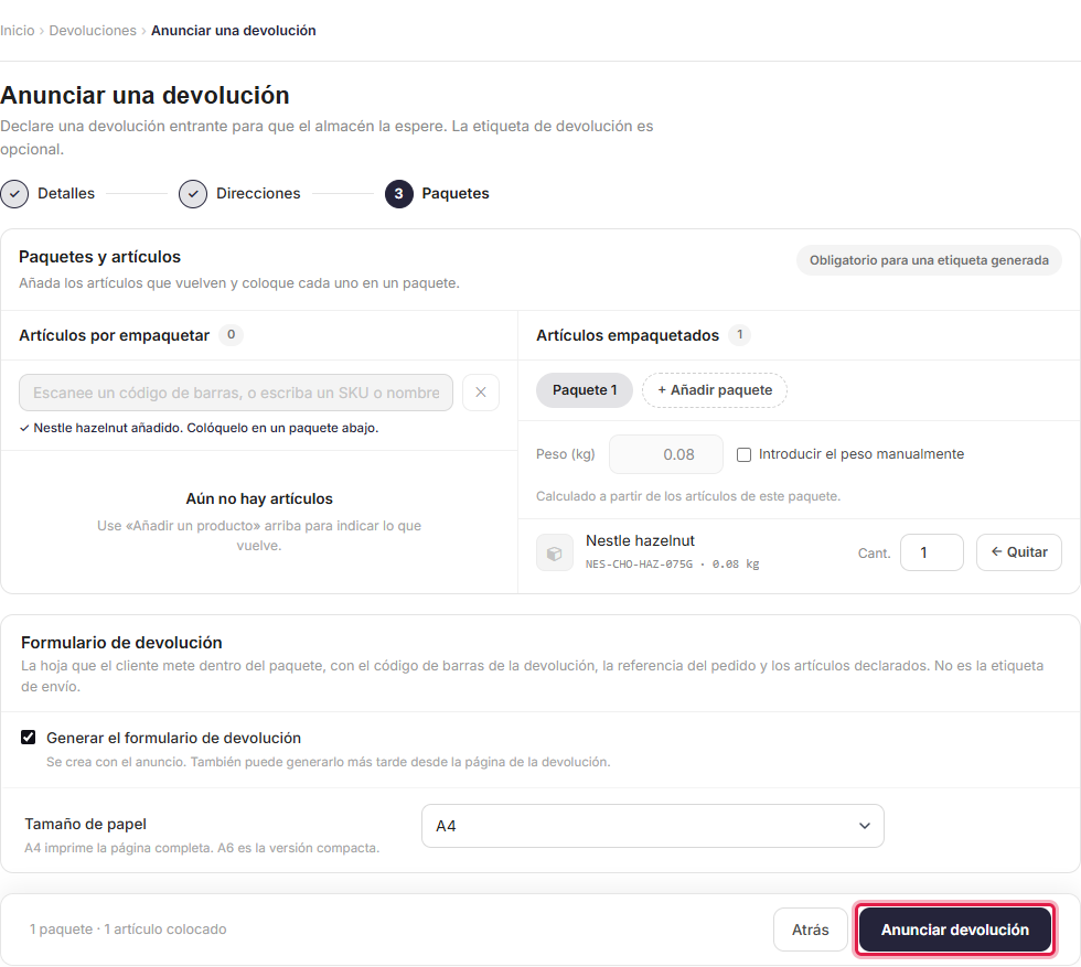 Announcing a return, choosing to generate a return label or use an existing one