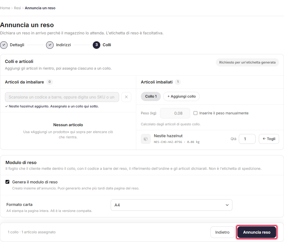 Announcing a return, choosing to generate a return label or use an existing one