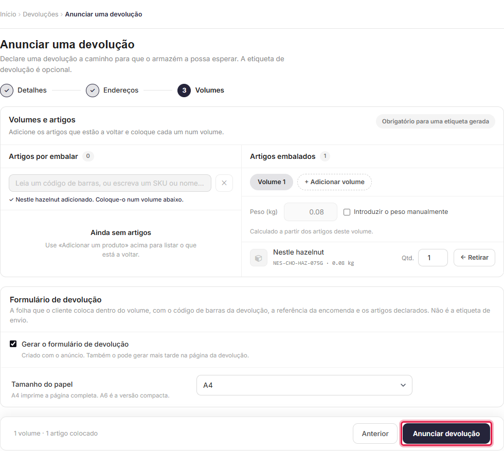Announcing a return, choosing to generate a return label or use an existing one