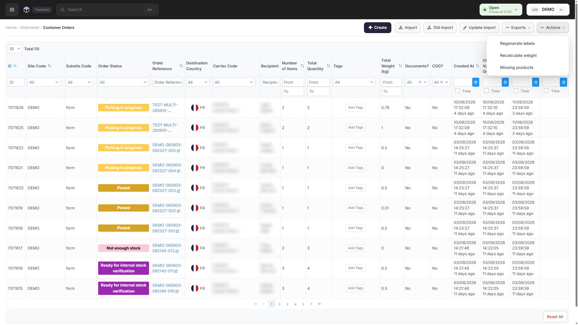 The Customer Orders page, with Create, Import and Exports now sitting as buttons in the header row and the Actions menu open beside them