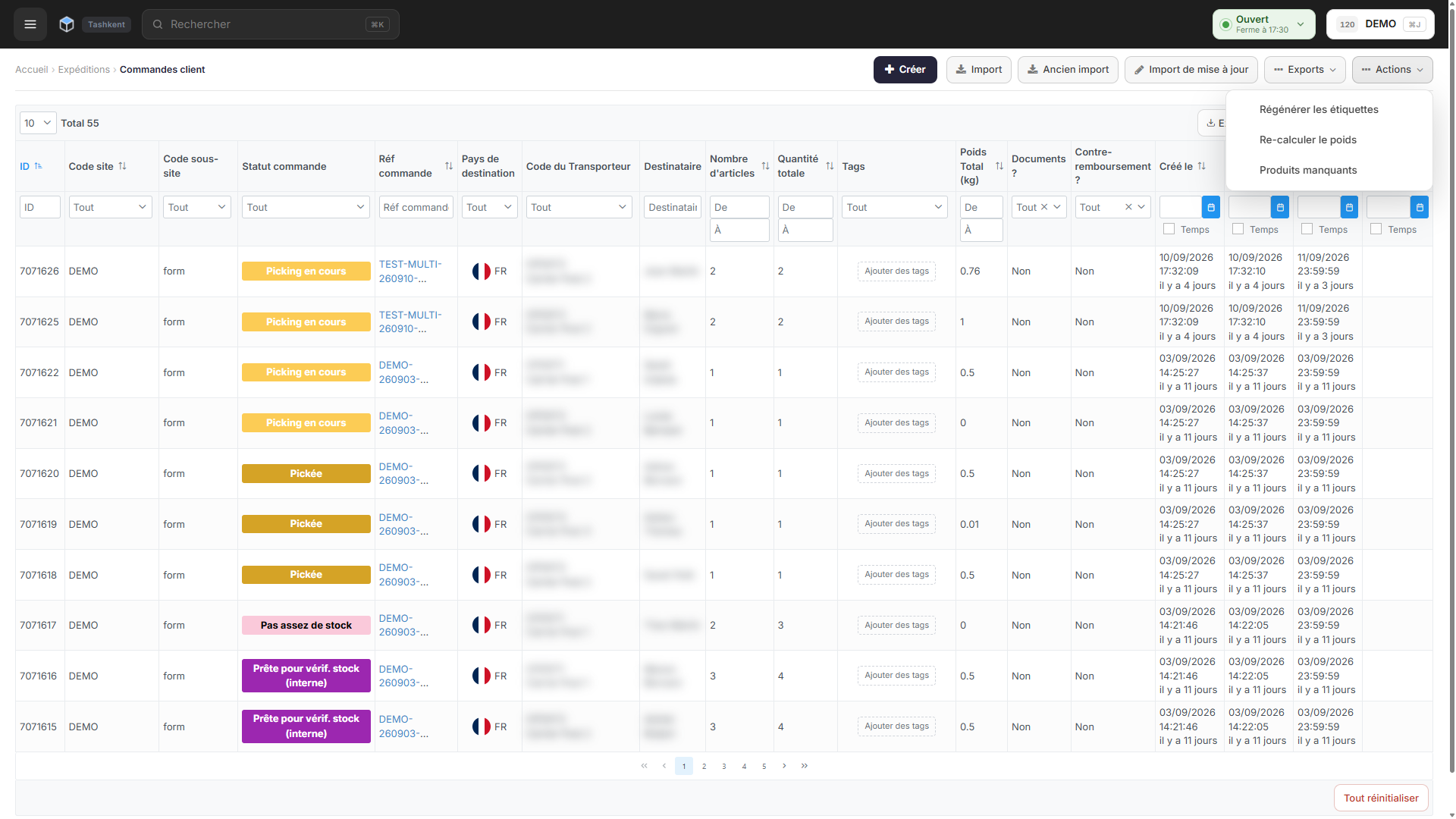 La page Commandes client, où Créer, Import et Exports figurent désormais comme boutons dans la ligne d'en-tête, avec le menu Actions ouvert à côté