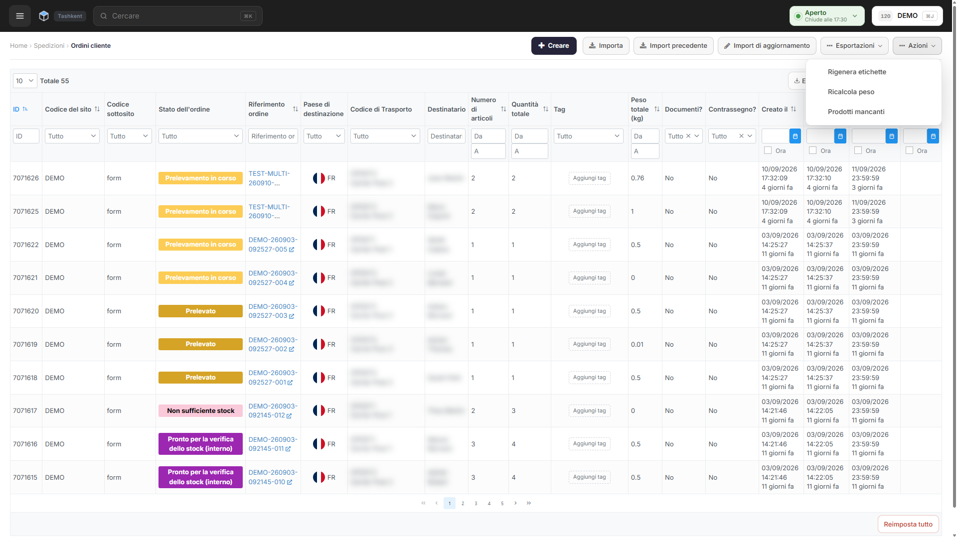 La pagina Ordini cliente, con Crea, Importa ed Esportazioni ora come pulsanti nella riga di intestazione e il menu Azioni aperto accanto