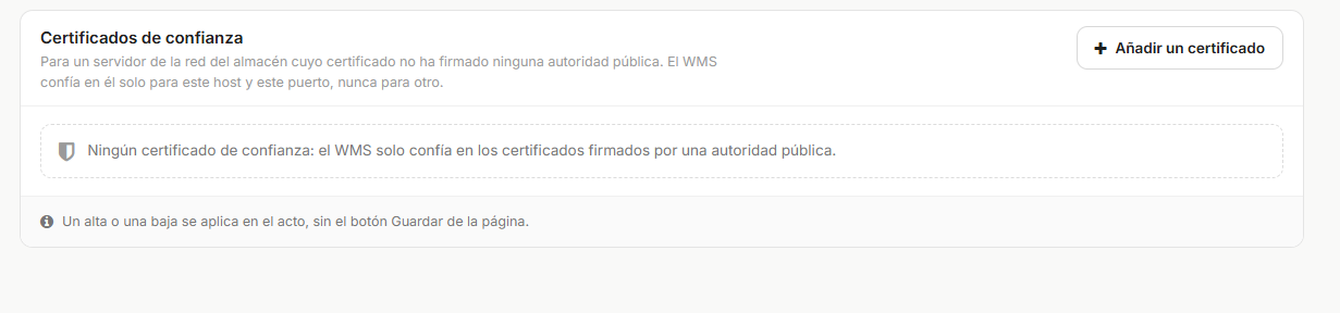 El panel Certificados de confianza en Configuración > IT & API, con su botón Añadir un certificado y el mensaje de estado vacío