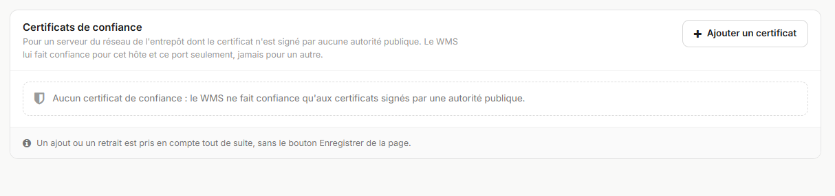 Le panneau Certificats de confiance dans Configuration > IT & API, avec son bouton Ajouter un certificat et son message d'état vide
