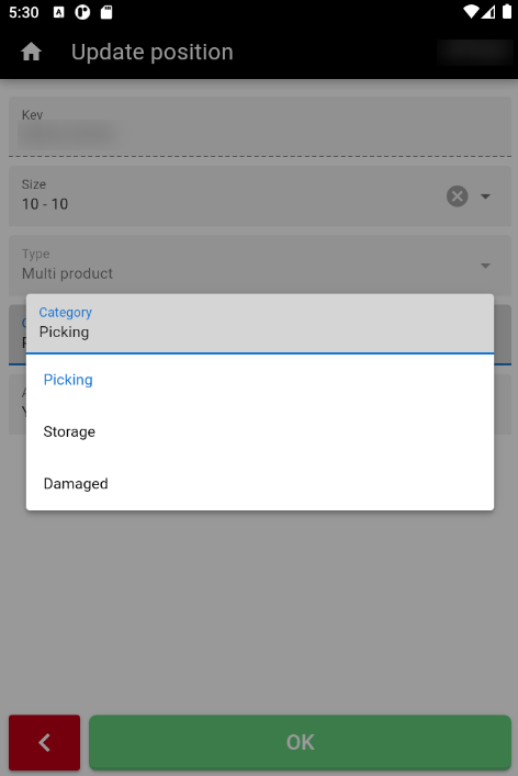 Changing a position's category on the PDA, with Damaged listed alongside Picking and Storage